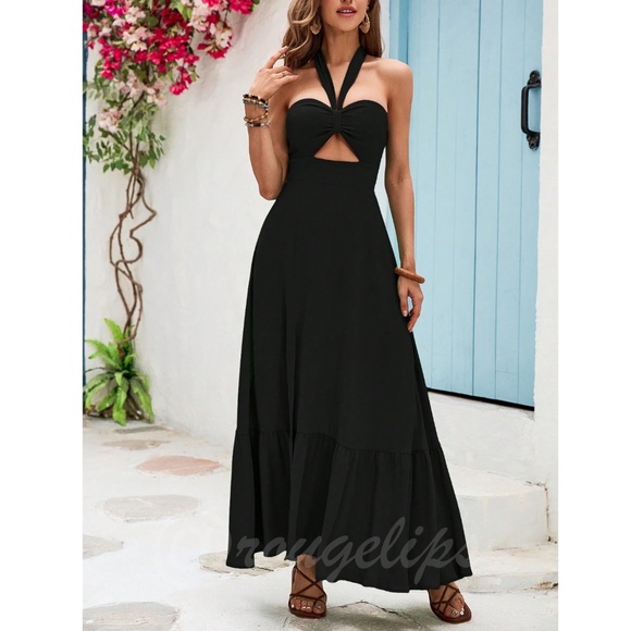 Black Maxi Dress Leg Slit Halter Neck Ties Cut Out - Picture 5 of 8